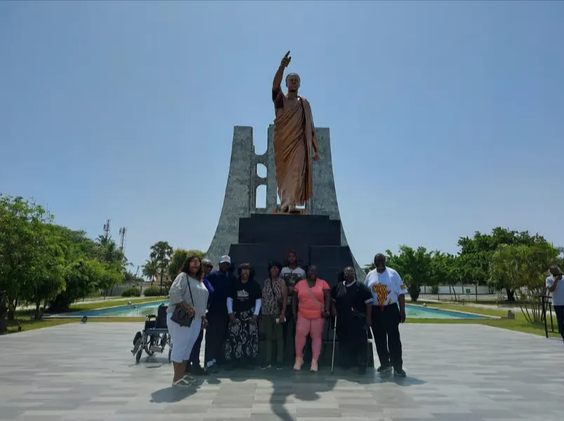 The statue of Kwame Nkrumah, arm outstretched, at the Memorial Park.
